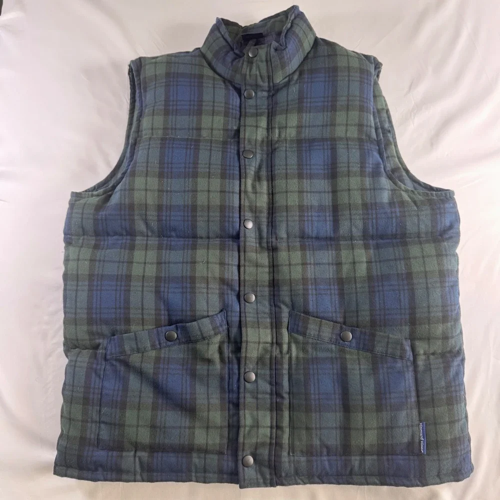 Vineyard Vines Black Watch Plaid Puffer‎ Vest Mens Goose Down Navy Green - Picture 4 of 9